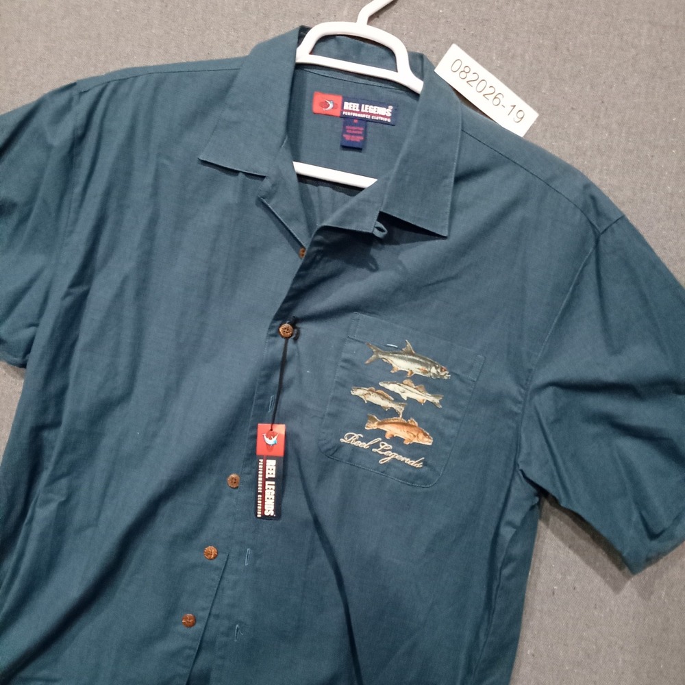Reel Legends Mens Grand Slam Fishing Shirt Teal Blue Short Sleeve NWT Size M